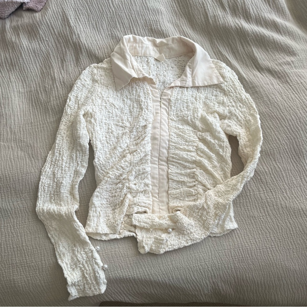 White cream corset style button up pearl ruched